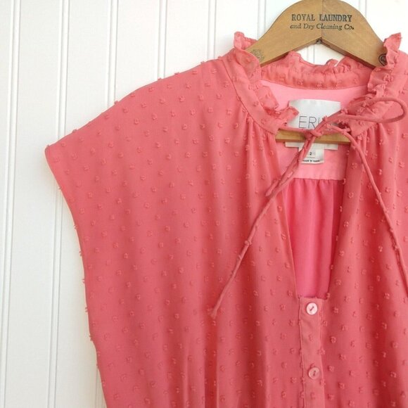 Erin by Erin Fetherston Pink Swiss Dot Dress Size 2 Fit & Flare Tie Neck Ruffle - Picture 2 of 10